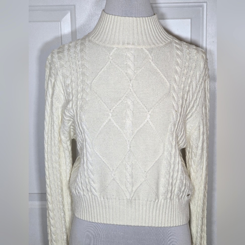 Guess Off White Cable Knit Sweater Mock Turtle Neck Long Sleeve
